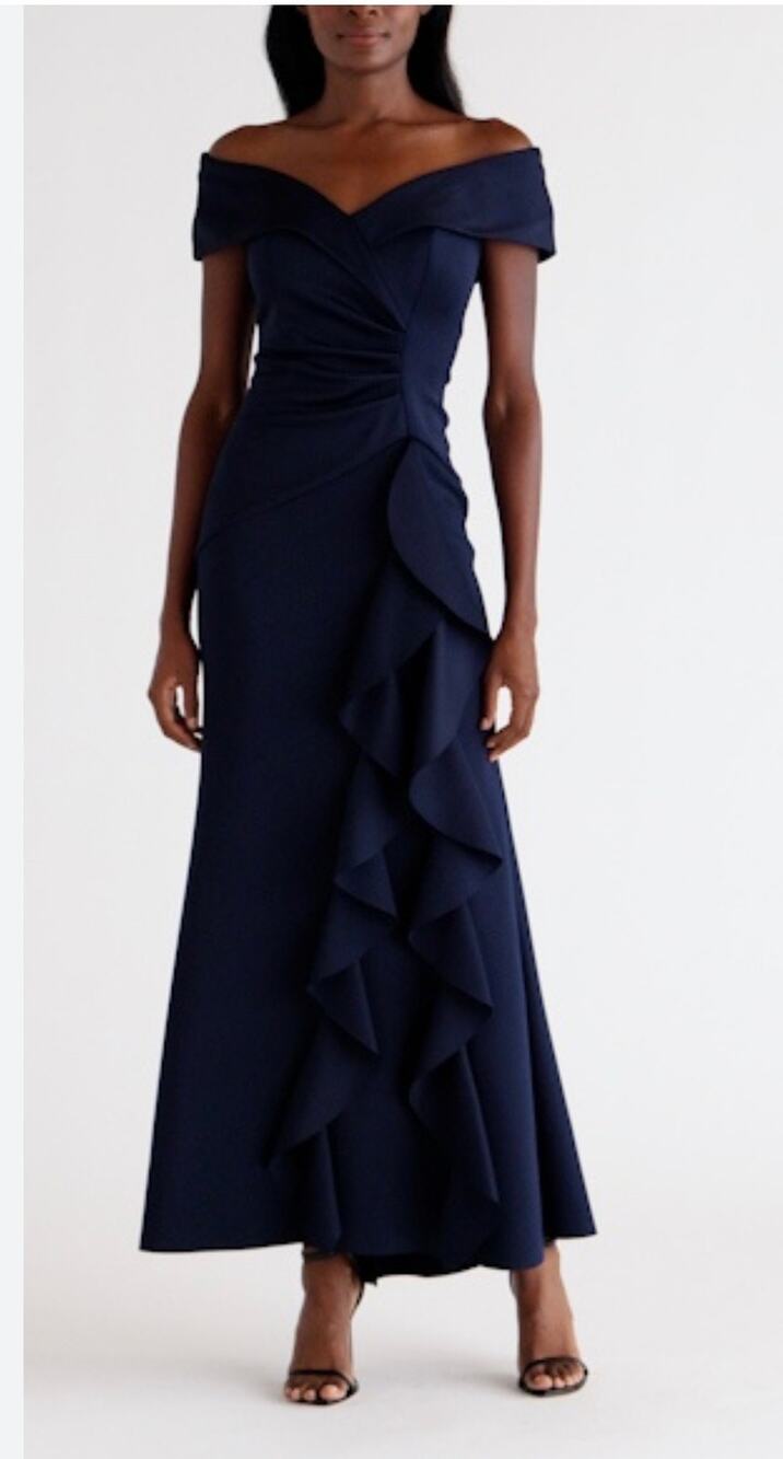 Xscape Evenings Midnight Ruffle Off Shoulder Scuba Knit Gown Sz 12